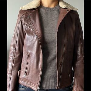 NEW ~7 for all mankind~ REAL brown leather jacket with sherpa collar - sz small